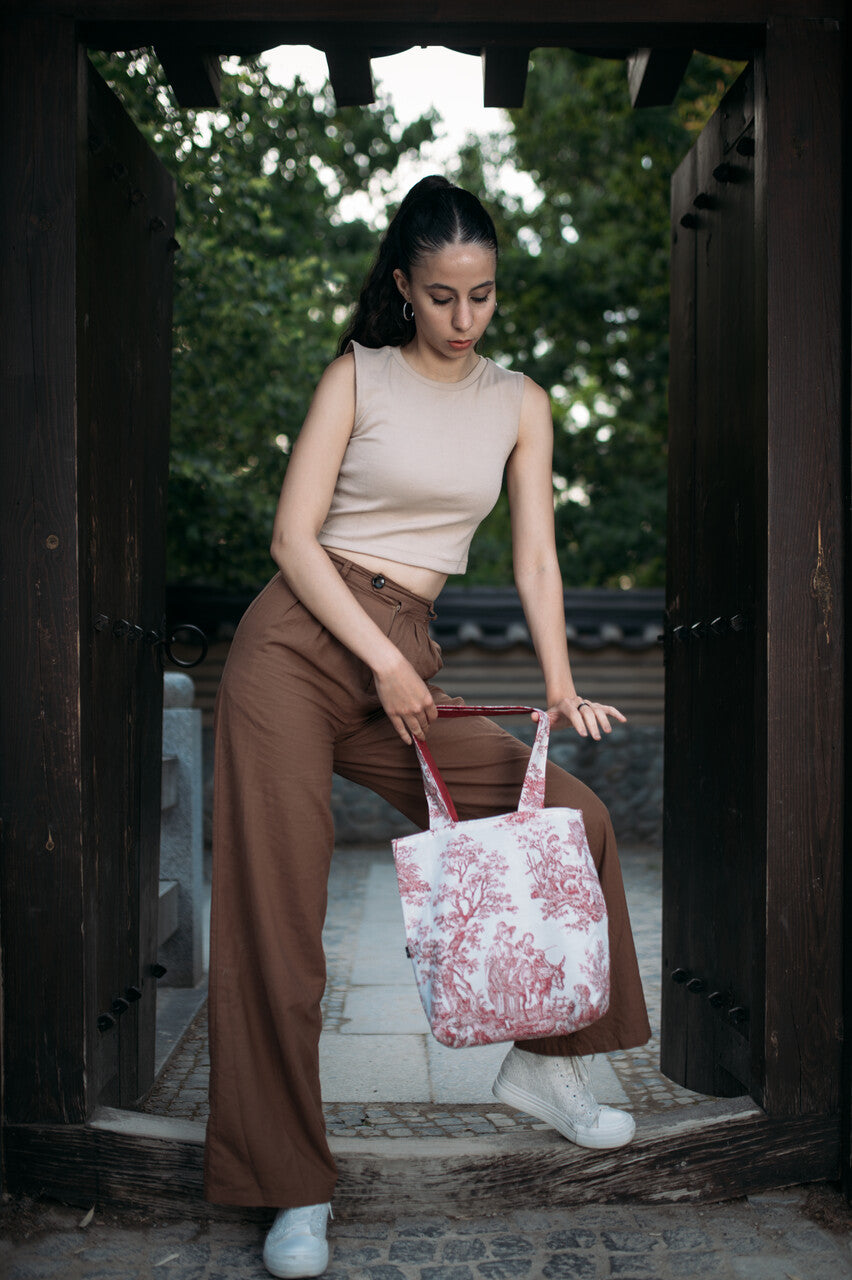 Cream Claret Red Antique Tote Bag double-sided use