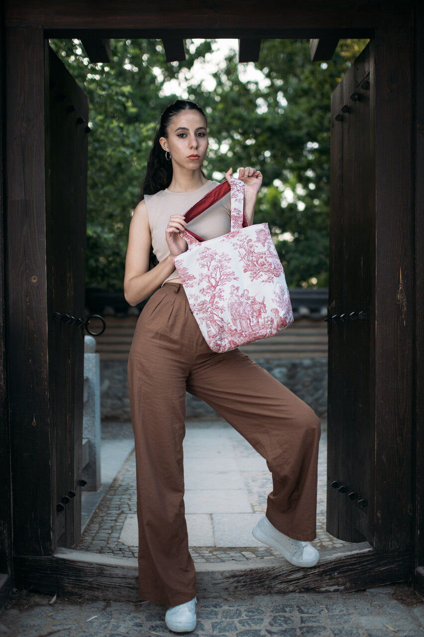 Cream Claret Red Antique Tote Bag double-sided use