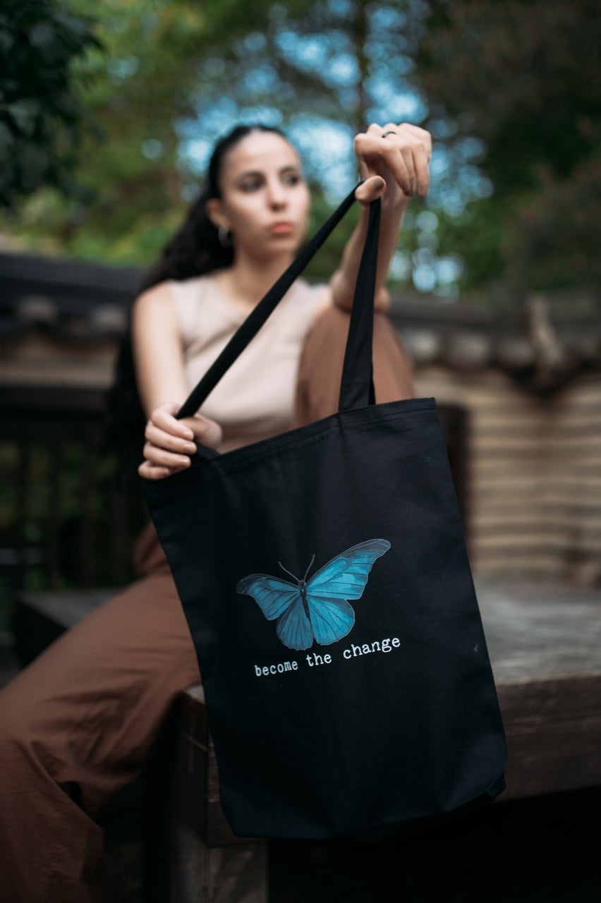 Become The Change Printed Black Tote Bag